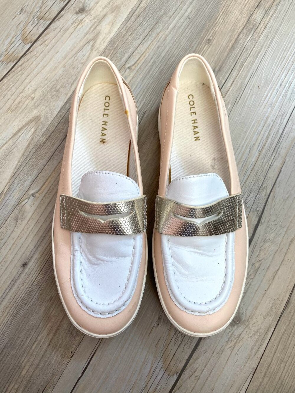 Cole Haan Light Pink White Gold Loafers Size 6.5